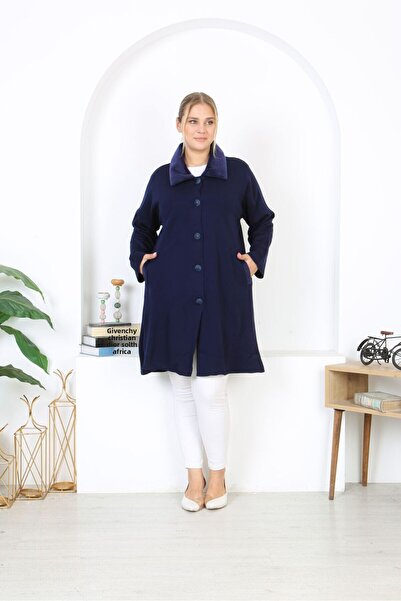 Şans Women's Large Size Navy Blue Steel Knit Knitwear Unlined Long Coat with Pockets 65N38453