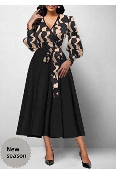 Viyamo Dámské krepové midi šaty s dlouhým rukávem a dvouřadým výstřihem