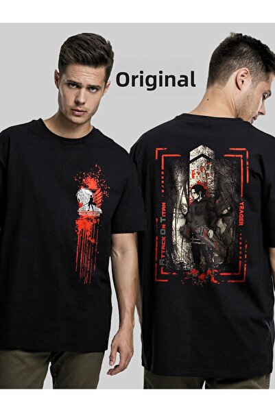 Orijin Tekstil Attack On Titan Shingeki No Kyojin Eren Yeager Μπροστινό πίσω εμπριμέ μαύρο μπλουζάκι unisex