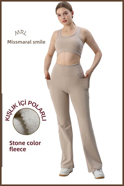 missmaral Women's Rhinestone High Waist Fleece Leggings - Lycra, Flared Leg, Double Pockets, Thick Winter, Winter 1064