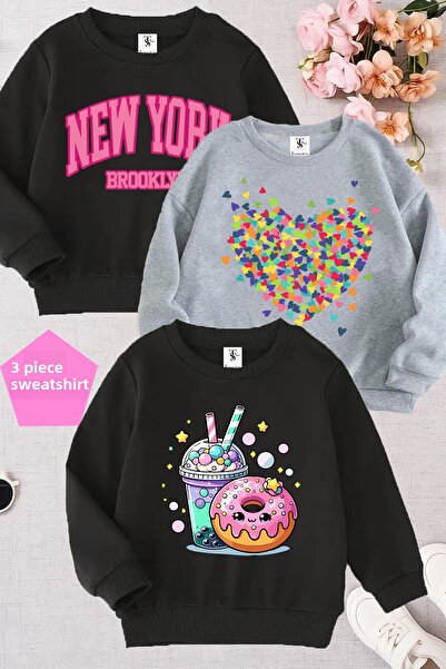 twins tailors سويت شيرت للفتيات ذو ياقة ثلاثية وطباعة قلب باللون الرمادي والأسود مع بطانة من الصوف