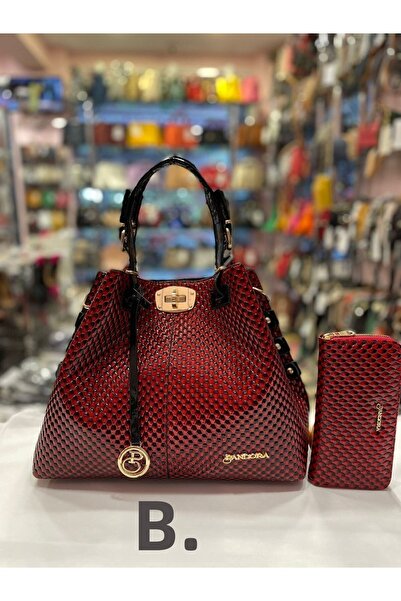 Pandora Bags مجموعة حقيبة ومحفظة على شكل قرص العسل من الجلد باللون الأحمر