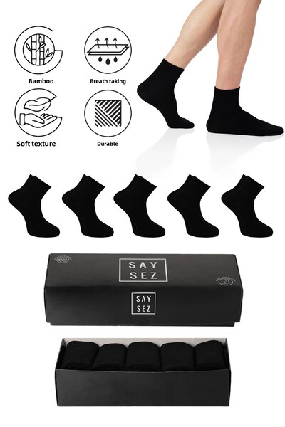 SAYSEZ Bamboo Men's Half Conch Plain Black Socks Seamless Premium Boxed 5-Piece