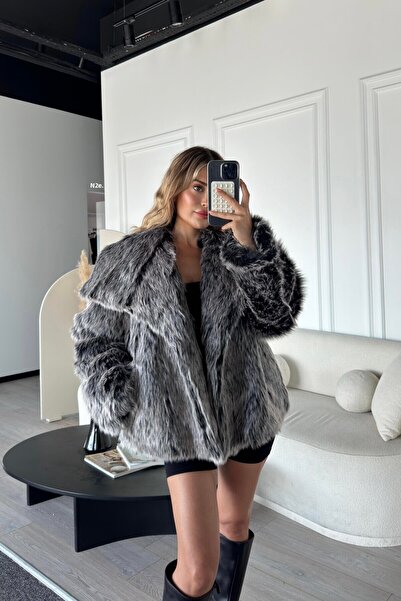 Senarce Krátký kožešinový kabát s měkkou texturou Oversize Grey Melange