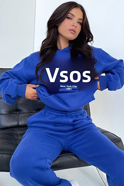 DUBU BUTİK Sax Blue Printed USA tepláková souprava - oversize mikina a mikina s kapucí Jogger