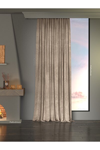 FAVOLLİ Velvet Textured Sahara Beige Pleated Island Background Curtain