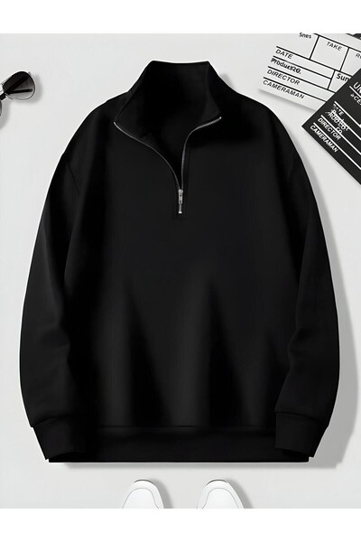 trendgar black high neck half zippered plain sweater