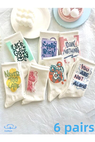 Esinti 6 Pairs Unisex Colorful Calligraphy Pattern Socket Socks Patterned White College Socks 6 Pcs