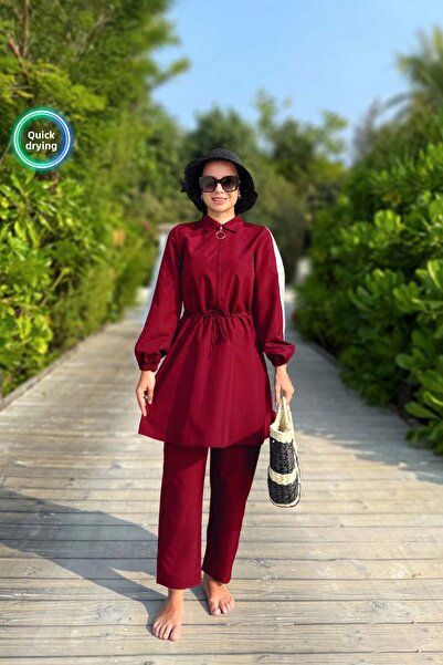 Ka Hijab Sequin Detail Full Covered 2-Piece Hijab Swimsuit - Claret Red