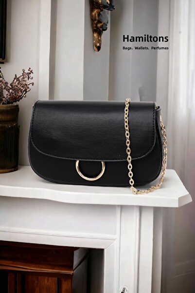 HAMILTON Original Women's Cross Chain Strap Soft Leather Textured Detailed Single Eye Stylish Black Shoulder Bag