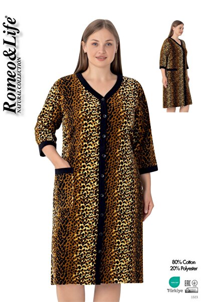 ROMEO LİFE Γυναικείο φόρεμα μεγάλου μεγέθους από βαμβακερό βελούδο με κουμπιά / Leopard 1015