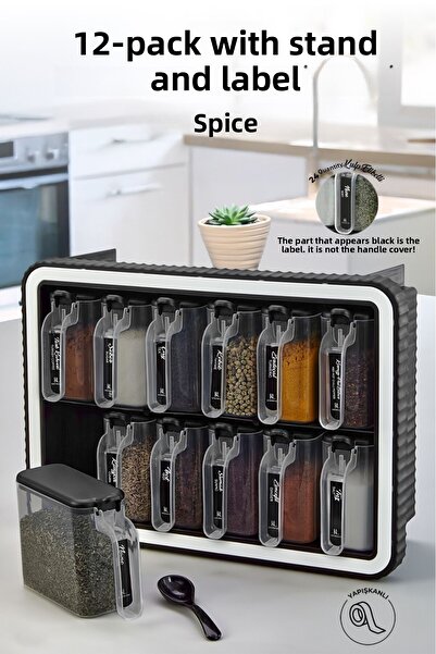 Kitchen Life Set de 12 borcane de condimente cu capac autoadeziv cu lingură și suport Set de borcane de condimente cu mâner și etichetă