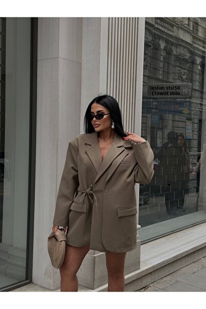 LB Laluna Butik Γυναικείο Χακί Μπλέιζερ Ειδικού Σχεδιασμού με διπλό στήθος και πλαϊνά δεμένα κορδόνια