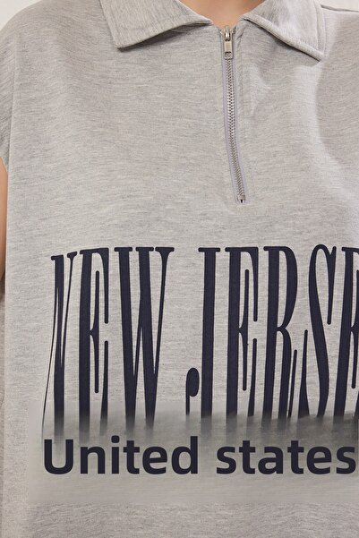 Trendyol Collection Grey Melange Oversize T-Shirt - Slogan Print, Fit Twoss25Ts00116