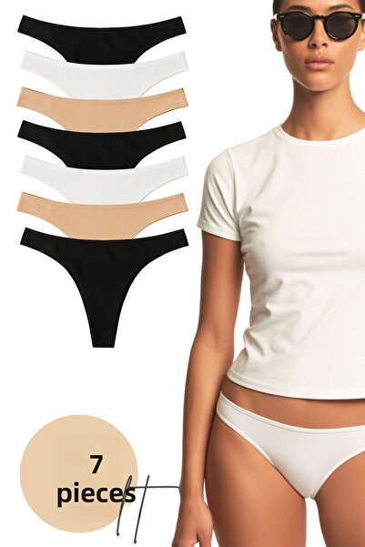 LİBELLA İÇ GİYİM Chiloți tanga din bumbac Lycra pentru femei, pachet de 7 – negru, alb, ecru, culori nud