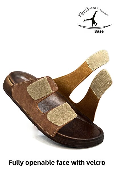 Moda Anna Διπλή πόρπη ρυθμιζόμενο πλάτος Ευέλικτο άνετο δερμάτινο ανδρικό παντόφλες 25103 C Tan