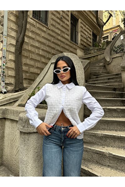 LB Laluna Butik Γυναικείο πουκάμισο με δαντέλα σε λευκό μπροστινό μέρος