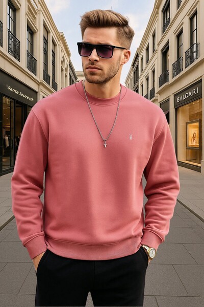 COMBİNE MİCHAİL Candy Pink Color Basic Crew Neck Relaxed Regular Men's Sweatshirt