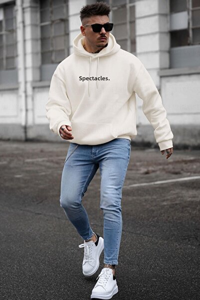 Millionaire Men's Off-White Cream Ecru Spectacular Printed 3 thread Tiered Hoodie Kangaroo Pocket Oversize Sa