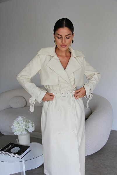 Julidress Ecru White Lined Belt and Button Detailed Premium Leather Trench Coat