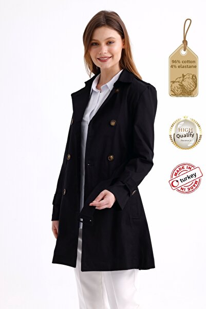 PASTELASTORE Trench pentru femei din bumbac elastic negru, gabardină, scurt (80 cm), cu epoleți pe umeri și curea 1120