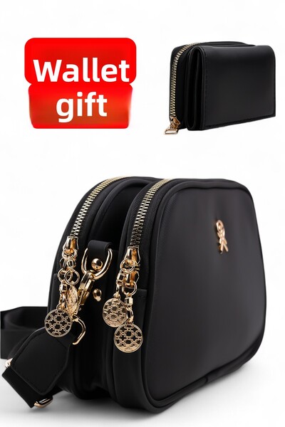 Les Crioch Dámská taška přes rameno Buzy saténová kůže 3 přihrádky nastavitelná černá kabelka do ruky a přes rameno s dárkovou peněženkou