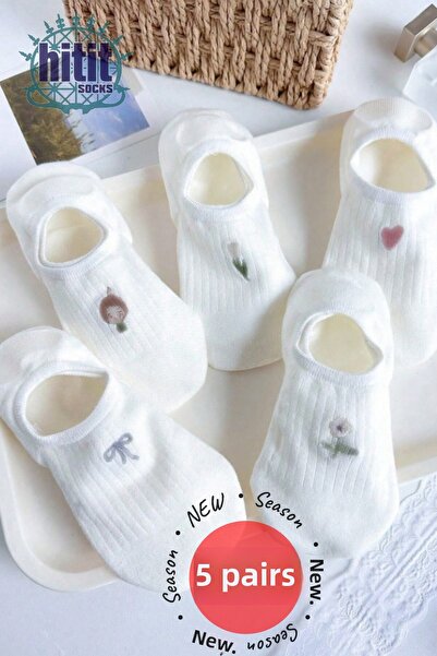Hitit Socks Γυναικείες κάλτσες μπαλαρίνας 5 ζευγαριών Premium με σχέδιο λουλουδιών και καρδιών σε λευκό χρώμα