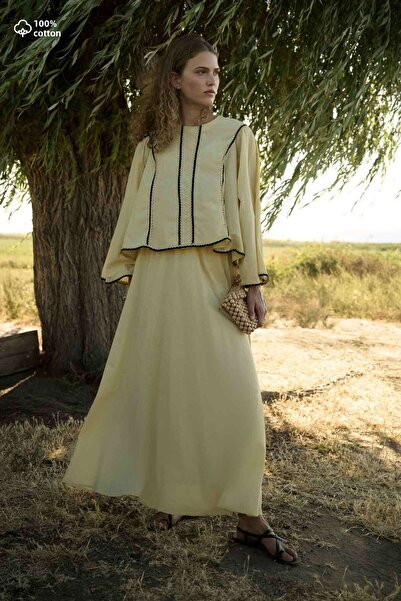 Hooopstore Voile Butter Yellow Skirt Suit with Stripe Detail