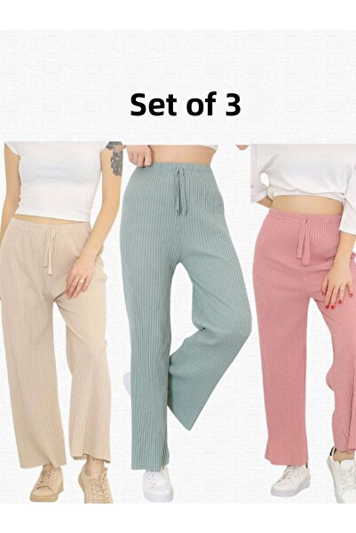 Asel 3-Piece Pink - Water Green - Beige Women's Corduroy Comfortable Pants & Tracksuit, Casual Comfortable Home Wear Pajamas