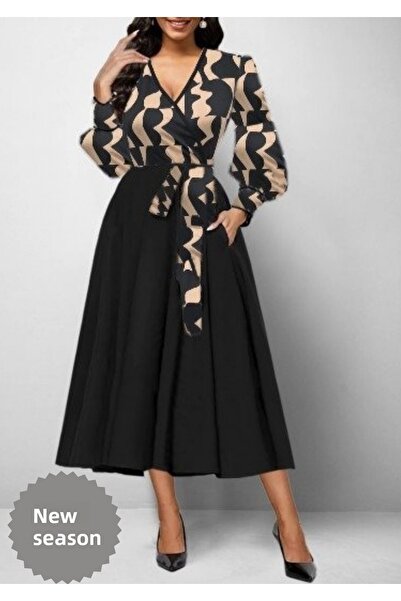 Viyamo Dámské krepové midi šaty s dlouhým rukávem a dvouřadým výstřihem