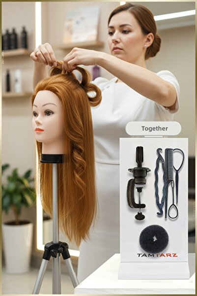 TAM TARZ Manechin de antrenament pentru coafor - Caramel + Aparat de masă + Set de tricotat + Burete cu buton