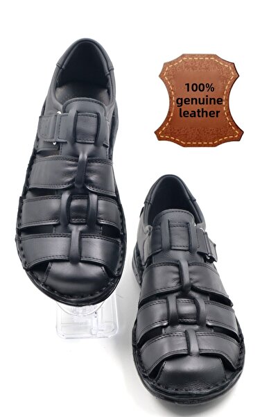 nazenintasarımlar Men's Inner Outer Genuine Leather Soft Sole Black Sandals