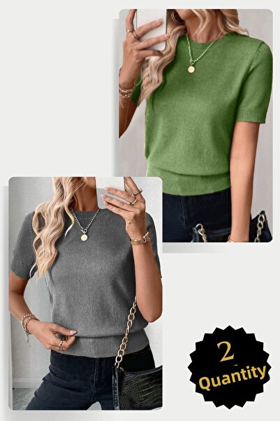 AQE FASHION 2 db Crew Neck Lycra rövid ujjú blúz szürke - menta