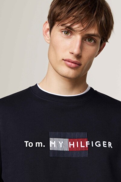 Tommy Hilfiger Pánský svetr s logem bavlněné směsi s výstřihem – pot Mw0Mw35541 Dw5