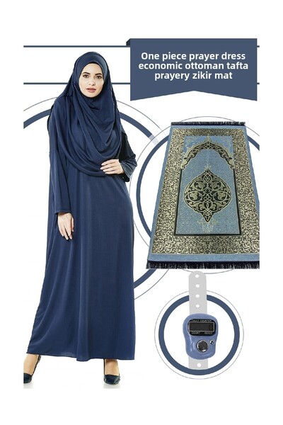 İhvan Navy Blue One-Piece Prayer Dress - 5015 and Prayer Rug and Chanting Set of Three