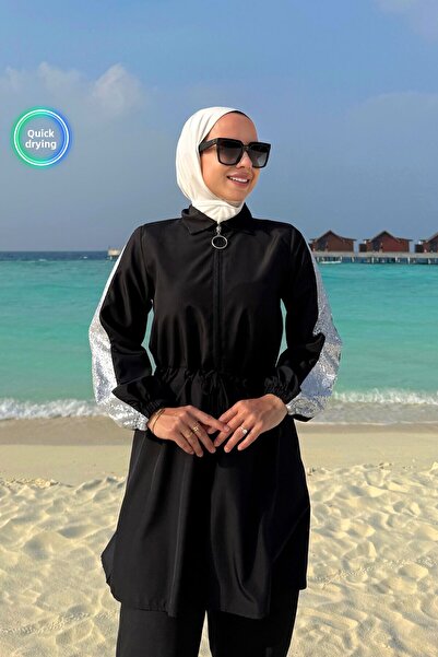 Ka Hijab Sequin Detail Full Covered 2-Piece Hijab Swimsuit - Black