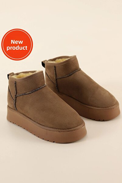 SOLDOY Γυναικείες χειμερινές μπότες με ψηλή σόλα από μινι σουέτ βιζόν με γούνα εσωτερικά