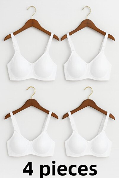 enmodaiçgiyim 4 Pieces White Cotton Underwire-Free Sponge-Free Combed Comfortable Women's Bra