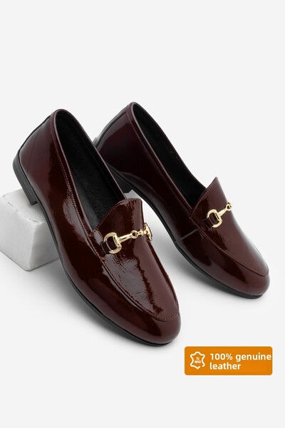 Marjin Women's Genuine Leather Chain Loafer Casual Shoes Tanle Burgundy Patent Leather