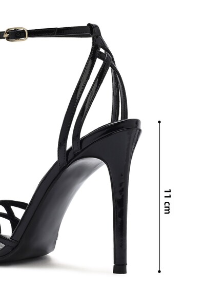 Derimod Women's Black Ankle Strap Thin High Heels Shoes Patent Leather Sandals 25Sfd161116