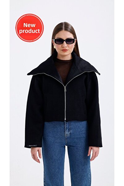 Perryes Norra Black Women's Short Coat - Wide Collar and Zipper Detail