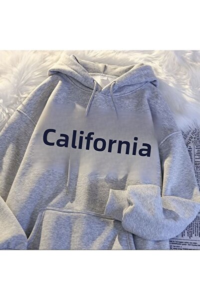 BYMEER Unisex mikina oversize s kapucí v šedé barvě Calif s potiskem