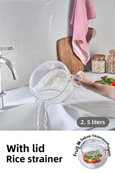 Vienev مصفاة أرز شفافة للخضروات والفواكه مع غطاء رمادي