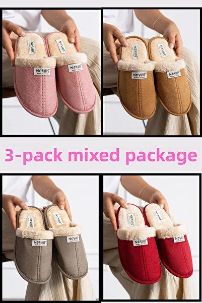 NOVİNS 3 Pack Men's Home Slippers Dowry Slippers Winter Slippers No Sound Light Sole