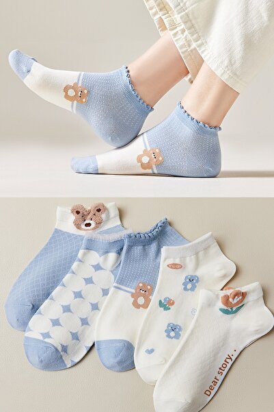 BGK 5 Pairs Blue Bear Patterned Women's Booties Socks