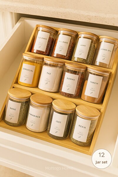 Mottogo 12-Piece Vacuum Spice Rack Set 200 ml – Drawer & Countertop – Bamboo with 3-Tier Ladder Stand