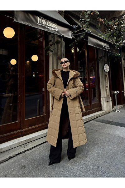 Olcay Kamel 6635 - Prošívaný dlouhý kabát s kapucí