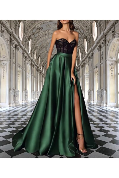 HSNLİFE Fusta de seară plisată în linie A din satin verde smarald