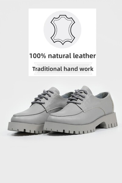 TUNAELLİ WOMEN'S GRAY GENUINE NATURAL LEATHER LACE-UP OXFORD SHOES