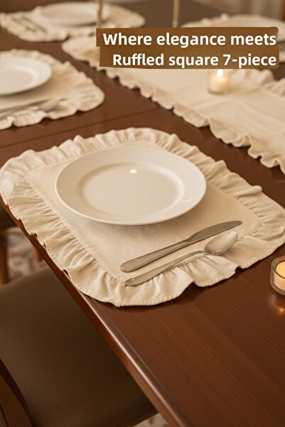 KAMİZ Ruffled Linen Runner & Set of 6 Ruffled Square Placemats - 7 Piece Dowry Set